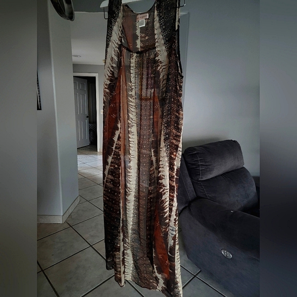 Band of Gypsies Brown Sleeveless Sheer Patterned Cardigan Duster
